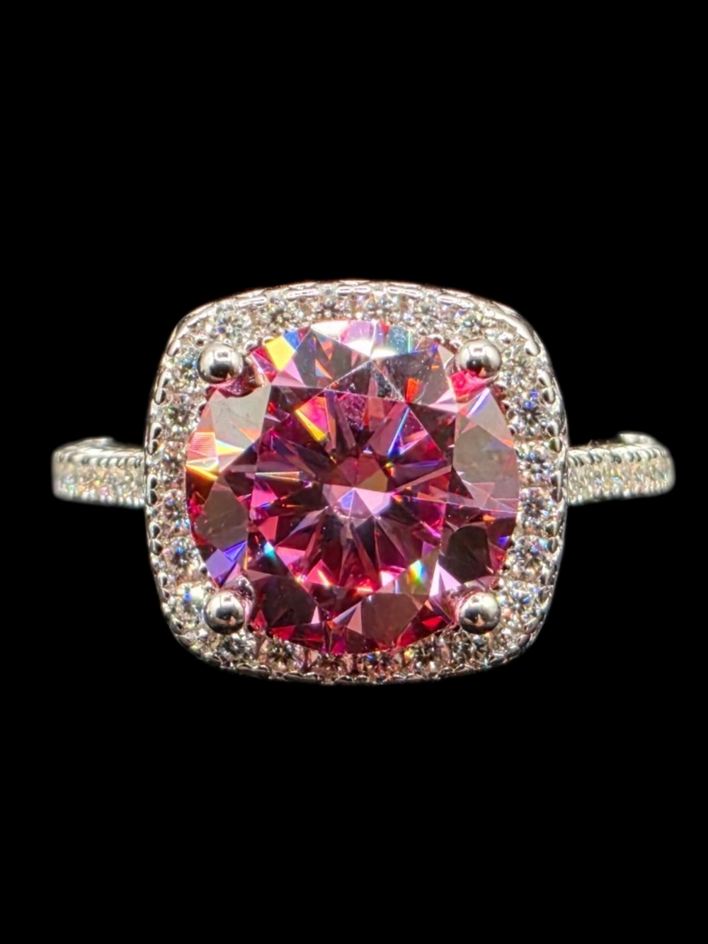 5.35 CTW Pink Moissanite Cushion Halo Ring Solid 925 Sterling Silver Size 7
